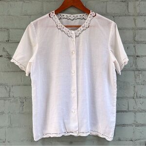 Vintage White Lace Trim Short Sleeve Linen Blouse
